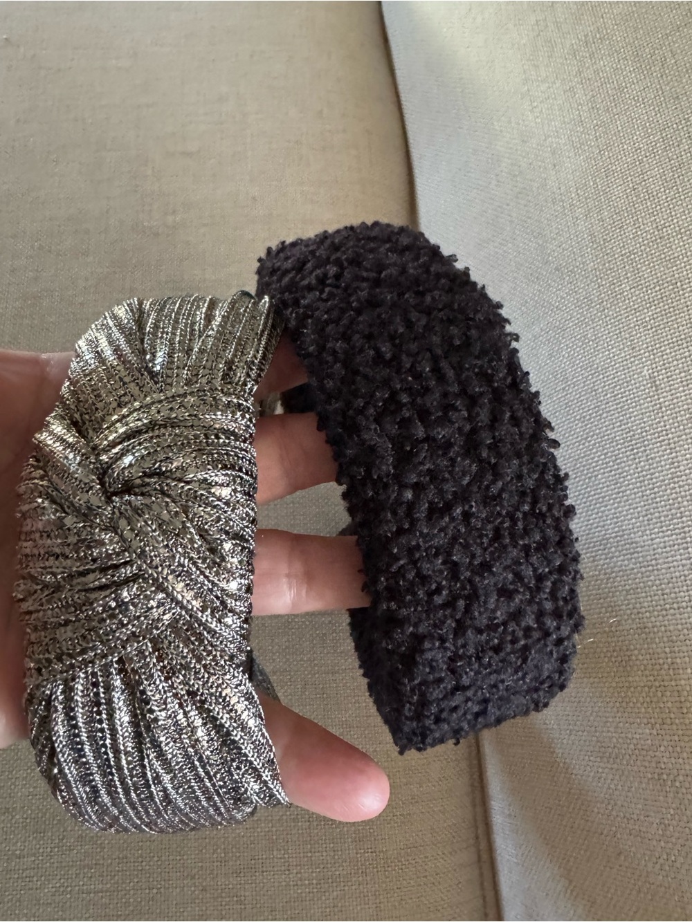 Metallic Silver Knotted Headband and Black Bouclé Headband Set